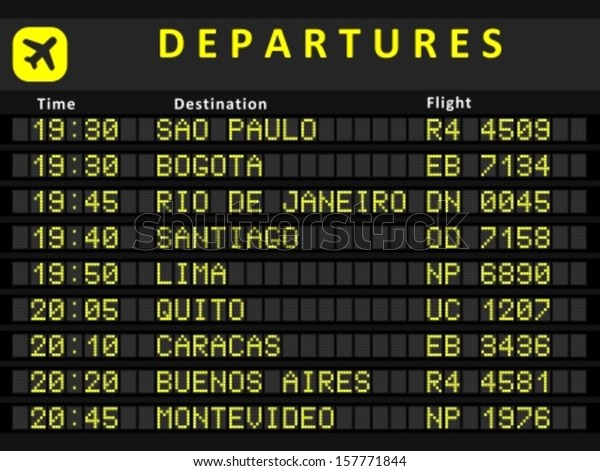 Departure board -\
destination airports. Busiest airports in South America: Sao Paulo,\
Bogota, Rio de Janeiro, Santiago, Lima, Quito, Caracas, Buenos\
Aires and\
Montevideo.