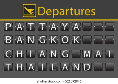 Departure board - destination airports to Thailand. Vector illustration