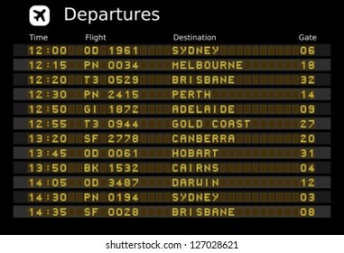 Departure Board - Destination Airports. Vector Illustration. Australia Destinations: Sydney, Melbourne, Brisbane, Perth, Adelaide, Gold Coast, Canberra, Hobart, Cairns And Darwin.
