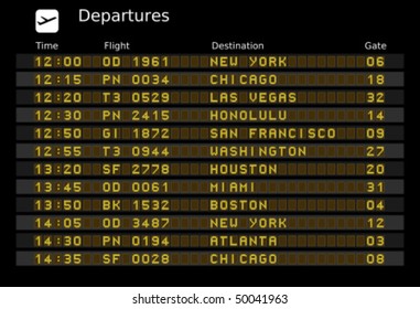 Departure board - destination airports. Vector illustration - the letters and numbers for easy editing your own messages are embedded outside the viewing area. USA destinations.