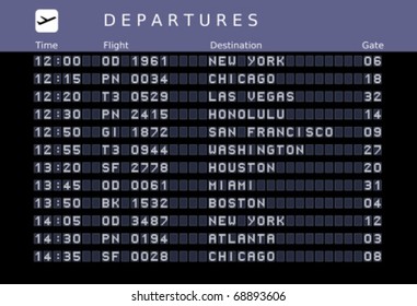 Departure Board - Destination Airports. Vector Illustration - Font Embedded Outside The Viewing Area. USA Destinations: New York, Chicago, Las Vegas, Honolulu, San Francisco, Washington, Houston.