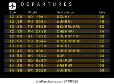 Departure board - destination airports. Vector illustration - font for easy editing your own messages is outside the viewing area. India destinations: Delhi, Mumbai, Bengaluru and other cities.