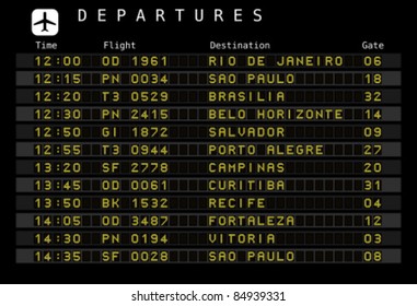 Departure board - destination airports. Vector illustration - font for easy editing your own messages is outside the viewing area. Brazil destinations: Rio, Porto Alegre, Belo Horizonte and other