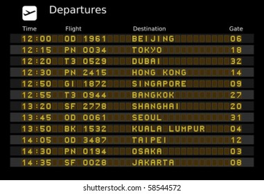 Departure board vector, ABC and 123 for easy editing your own messages are outside the view. Asia destinations: Beijing, Tokyo, Dubain, Hong Kong, Singapore, Bangkok, Shanghai, Taipei and Jakarta