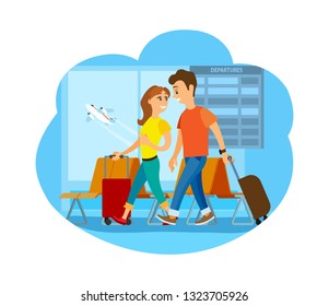 Departure, city airport, travelers couple with suitcases vector. Leaving airplane, man and woman with baggage in waiting room, travelling and journey