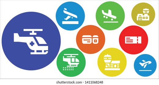 departure icon set. 9 filled departure icons.  Simple modern icons about  - Helicopter, Arrival, Airport, Plane ticket, Take off