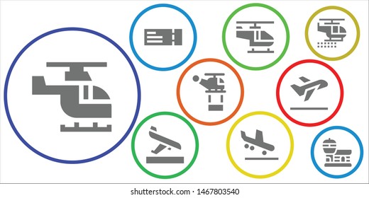 departure icon set. 9 filled departure icons.  Simple modern icons about  - Helicopter, Plane ticket, Arrival, Take off, Airport