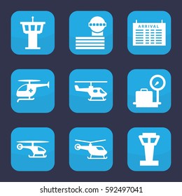 departure icon. Set of 9 filled departure icons such as airport tower, helicopter, arrival table, lugagge weight