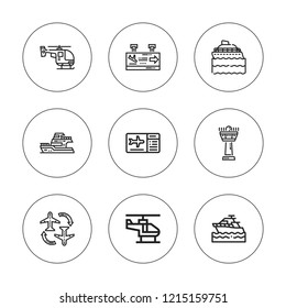 Departure icon set. collection of 9 outline departure icons with boarding pass, control tower, flight information, flight, helicopter icons. editable icons.