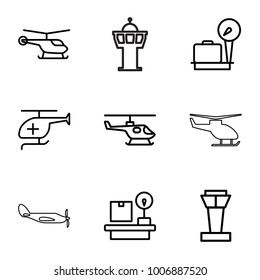 Departure icons. set of 9 editable outline departure icons such as airport tower, helicopter, lugagge weight