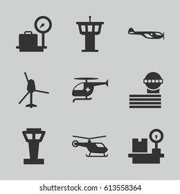 Departure icons set. set of 9 departure filled icons such as airport tower, helicopter, lugagge weight
