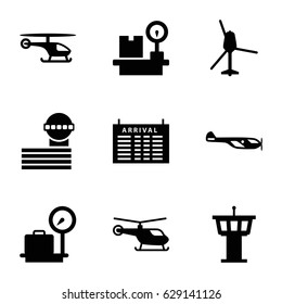 Departure icons set. set of 9 departure filled icons such as helicopter, arrival table, lugagge weight