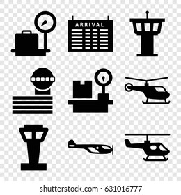 Departure icons set. set of 9 departure filled icons such as airport tower, helicopter, arrival table