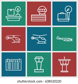 Departure icons set. set of 9 departure outline icons such as airport tower, helicopter, arrival table