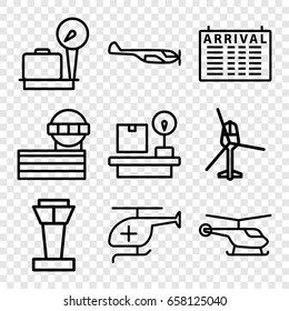 Departure icons set. set of 9 departure outline icons such as airport tower, helicopter, arrival table, lugagge weight