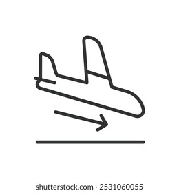 Departure, in line design. Departure, airplane takeoff, airport, travel, flight, takeoff icon, journey on white background vector. Departure editable stroke icon