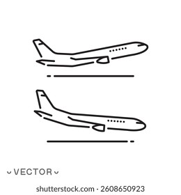 departure plane icon, arrival plane concept, thin line symbol isolated on white background, editable stroke eps 10 vector illustration