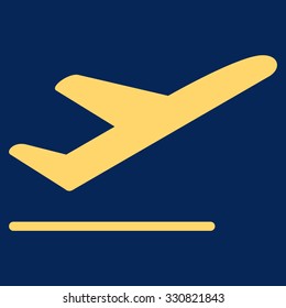 Departure vector icon. Style is flat yellow symbol, rounded angles, blue background.
