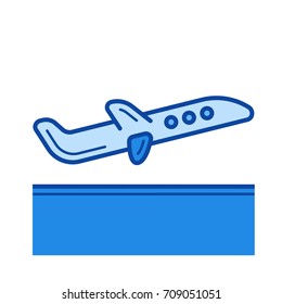 Icono de línea vectorial de salida aislado en fondo blanco. Icono de línea de salida para infografía, sitio web o aplicación. Icono azul diseñado en un sistema de cuadrícula.