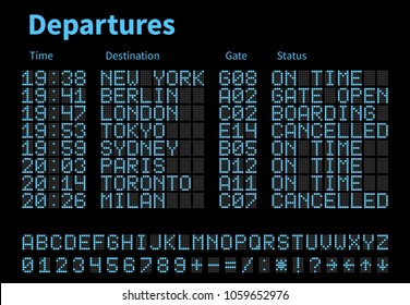 Departures And Arrivals Airport Digital Board Vector Template. Airline Scoreboard With Led Letters And Numbers. Airport Display Digital, Scoreboard Panel Board Illustration