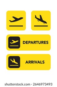 Símbolo de partidas e chegadas. Conjunto de símbolos do ícone do plano de pouso e decolagem. Chegadas, partidas Logotipo de sinal de transporte de voo. Ilustração do plano de viagem. Ilustração de estoque