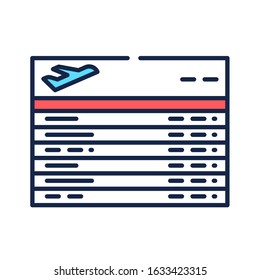 Departures board color line icon. Board in the airport with current status of flights. Pictogram for web page, mobile app, promo. UI UX GUI design element. Editable stroke.