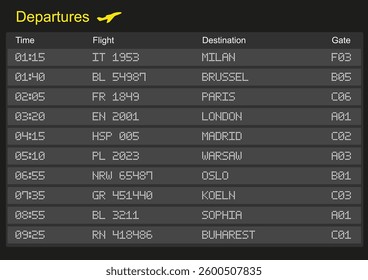 Departures board screen in airport vector illustration