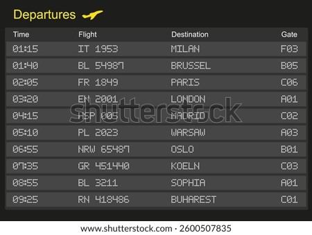 Departures board screen in airport vector illustration