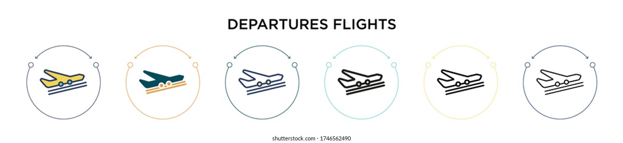 Departures flights icon in filled, thin line, outline and stroke style. Vector illustration of two colored and black departures flights vector icons designs can be used for mobile, ui, web