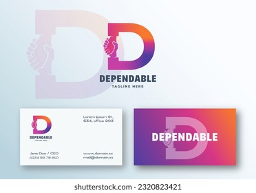Dependable Abstract Vector Logo and Business Card Template. Handshake Symbol Incorporated in Letter D Creative Concept. Premium Stationary Realistic Mockup. Isolated