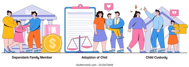 Dependant Family Member, Adoption Of A Child, Child Custody Concept With Tiny People. Family Law Vector Illustration Set. Alimony, Parents Divorce, Samesex Couple, Elderly Support, Caregiver Metaphor.