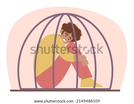 Dependence or addiction concept. Character struggling with fear, influence, control and manipulation. Concept of escaping from attachement, ballast.