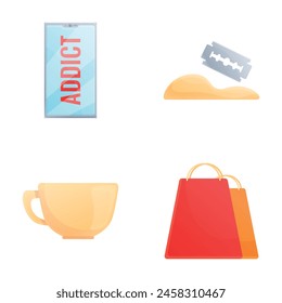 Dependence icons set cartoon vector. Coffee mania, shopping and nomophobia. Destructive habit, unhealthy lifestyle