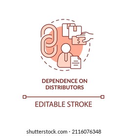La dependencia de los distribuidores es un icono de concepto rojo. La exportación de empresas dificulta la ilustración abstracta de una idea delgada. Dibujo de contorno aislado. Trazo editable. Fuentes Arial, Myriad Pro-Bold utilizadas