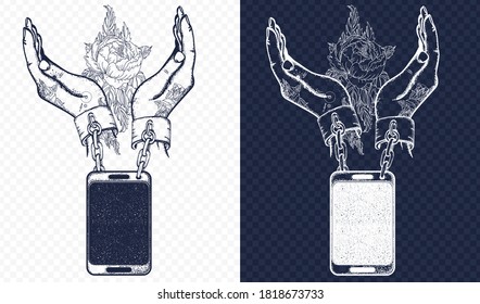 Dependence on social networks t-shirt design. Freedom and dependence tattoo. Hands in handcuffs. Black and white vector graphics