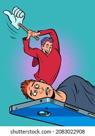 dependence on subscribers and likes on social networks. A man on the chopping block smartphone is waiting for his head to be cut off with a like