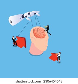 Dependence on technology - robot hand with strings controlling brain isometric 3d vector illustration concept for banner, website, illustration, landing page, flyer, etc.