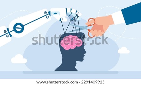Dependence on technology. A specialist helps to escape from the influence of AI. Artificial Intelligence controls human. Robot hand manipulating brain. Robot puppet master. Flat vector illustration
