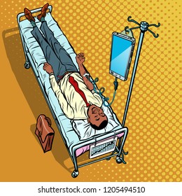 Dependency on gadgets concept. African man under medical dropper. Pop art retro vector illustration vintage kitsch