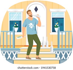 Dependent guy drinking alcohol alone on doorstep of his house. Unhealthy lifestyle concept