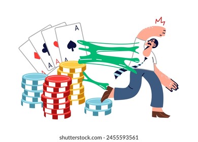 Dependent man suffering from gambling addiction is trying to escape from large playing cards and casino chips. Problem of addiction to casinos and affection for games with financial bets