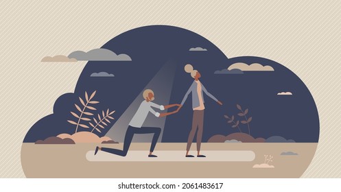 Dependent personality disorder or DPD as addiction form tiny person concept. Mental and psychological problem with condition to excessive fear and anxiety after brake up or divorce vector illustration