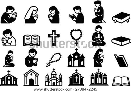 depict various religious elements: people praying, bibles, crosses, rosaries, and churches. A comprehensive collection with muslim pray and christian religious symbols for faith-related designs.