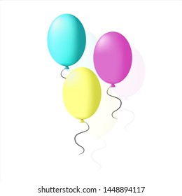 Depicted 3 balloons (yellow, blue and pink), which cast a shadow on a white background, in the vector.