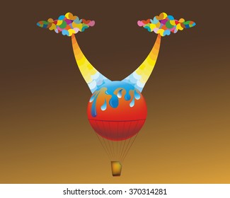 Depicted ball, rays, clouds, water droplets, rope