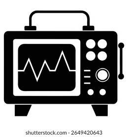 Representa uma silhueta preta de uma máquina de eletrocardiograma. A máquina exibe um traçado de ritmo cardíaco em seu monitor. Vários botões e mostradores cercam a tela, colocados contra um fundo branco.