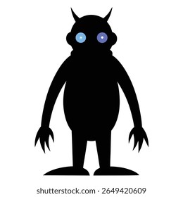 Depicted is a black, silhouette of a small monster with two horns and distinctive bright blue eyes. The character appears friendly and has a transparent background.