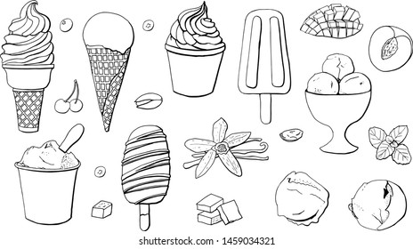 Depicted black and white ice creams with various additives in the vector