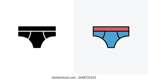 Depicted is a garment icon displaying two versions of briefs a solid black silhouette on the left and a color variant featuring blue and red with black outlines on the right.