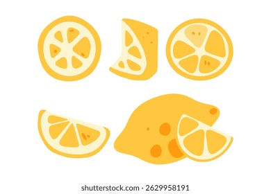 Depicted here are a whole lemon and several slices shown from different angles in bright yellow tones. This flat-style fruit composition works well in culinary, diet, and summer-themed contexts.